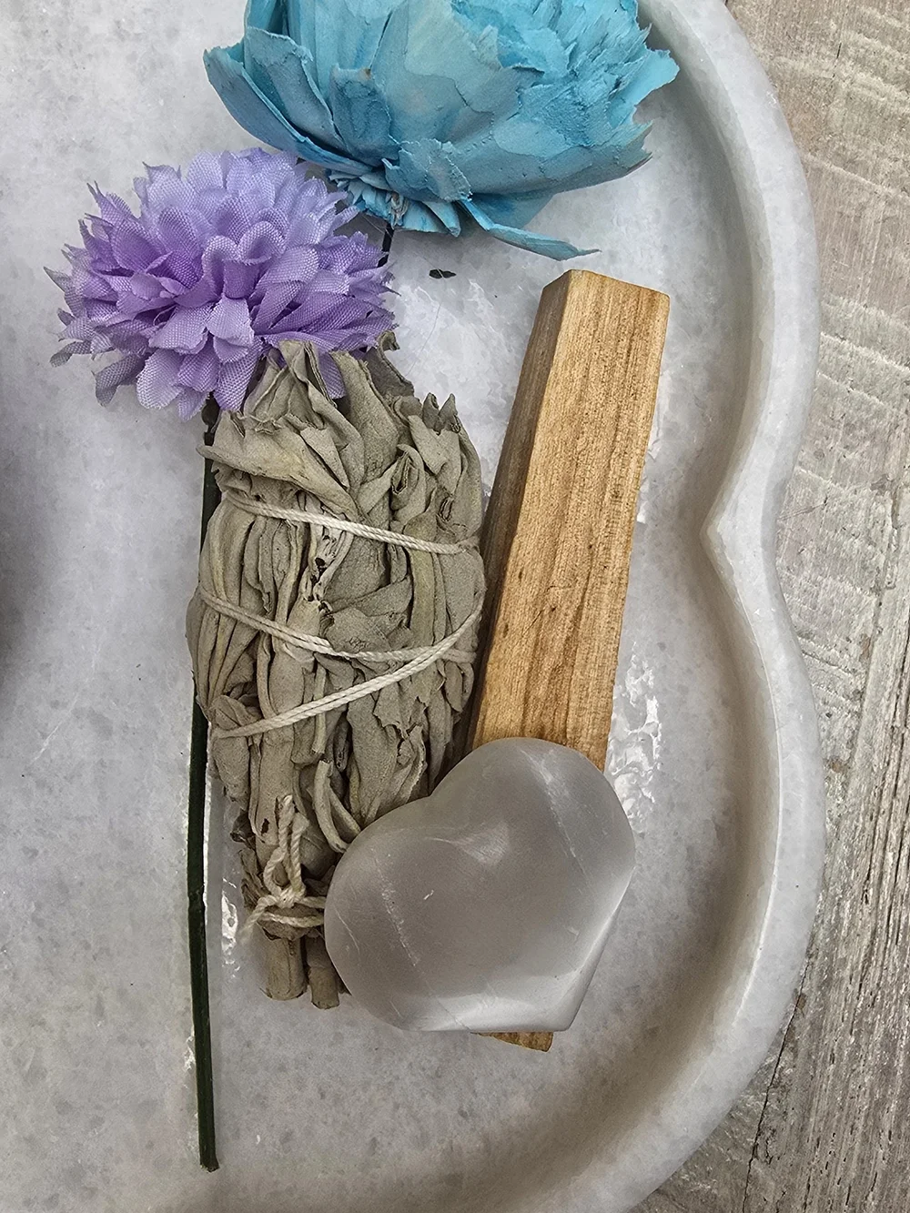 White Heart Selenite Crystal on Palo Santo - Home Bath Accent